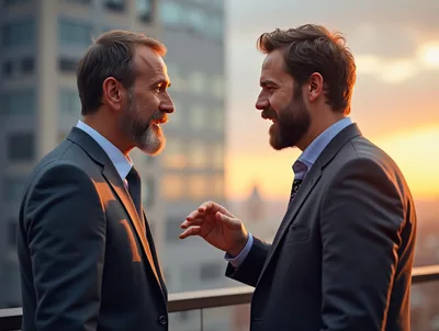 Two Businessmen Discussing Strategy On A Rooftop Terrace