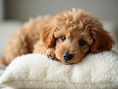 Adorable Goldendoodle Puppy Resting On A Fluffy White Pillow