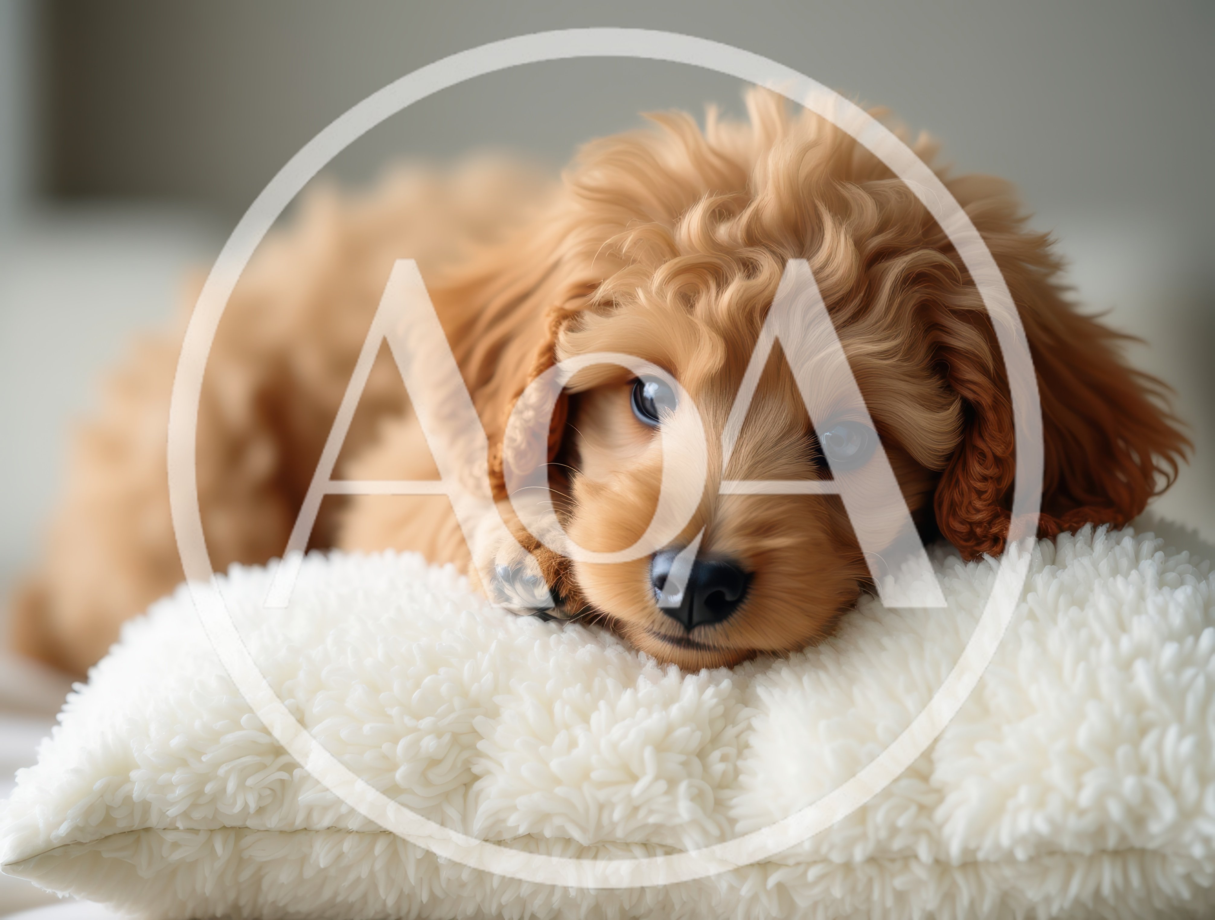 Adorable Goldendoodle Puppy Resting On A Fluffy White Pillow