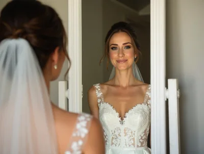 Bride Looking At Her Reflection In A Mirror