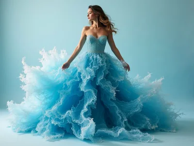 Woman Wearing A Blue Ocean Wave Inspired Ballgown