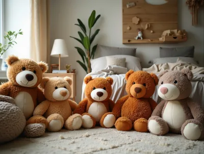 Five Plush Teddy Bears Sitting In A Cozy Bedroom