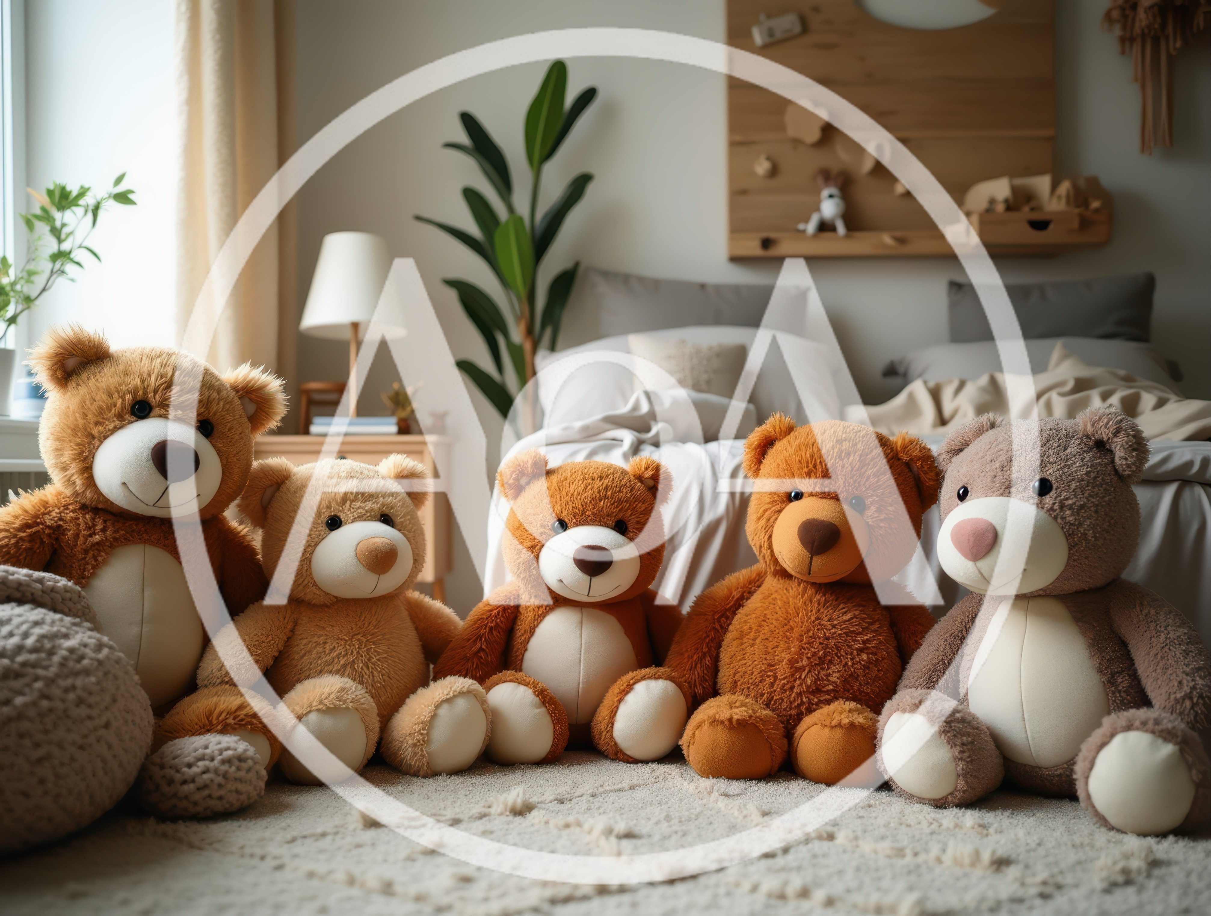 Five Plush Teddy Bears Sitting In A Cozy Bedroom