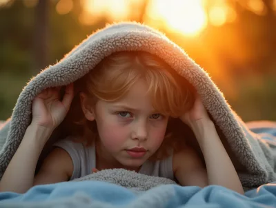 Child hiding under blanket during sunrise, enjoying comfort and