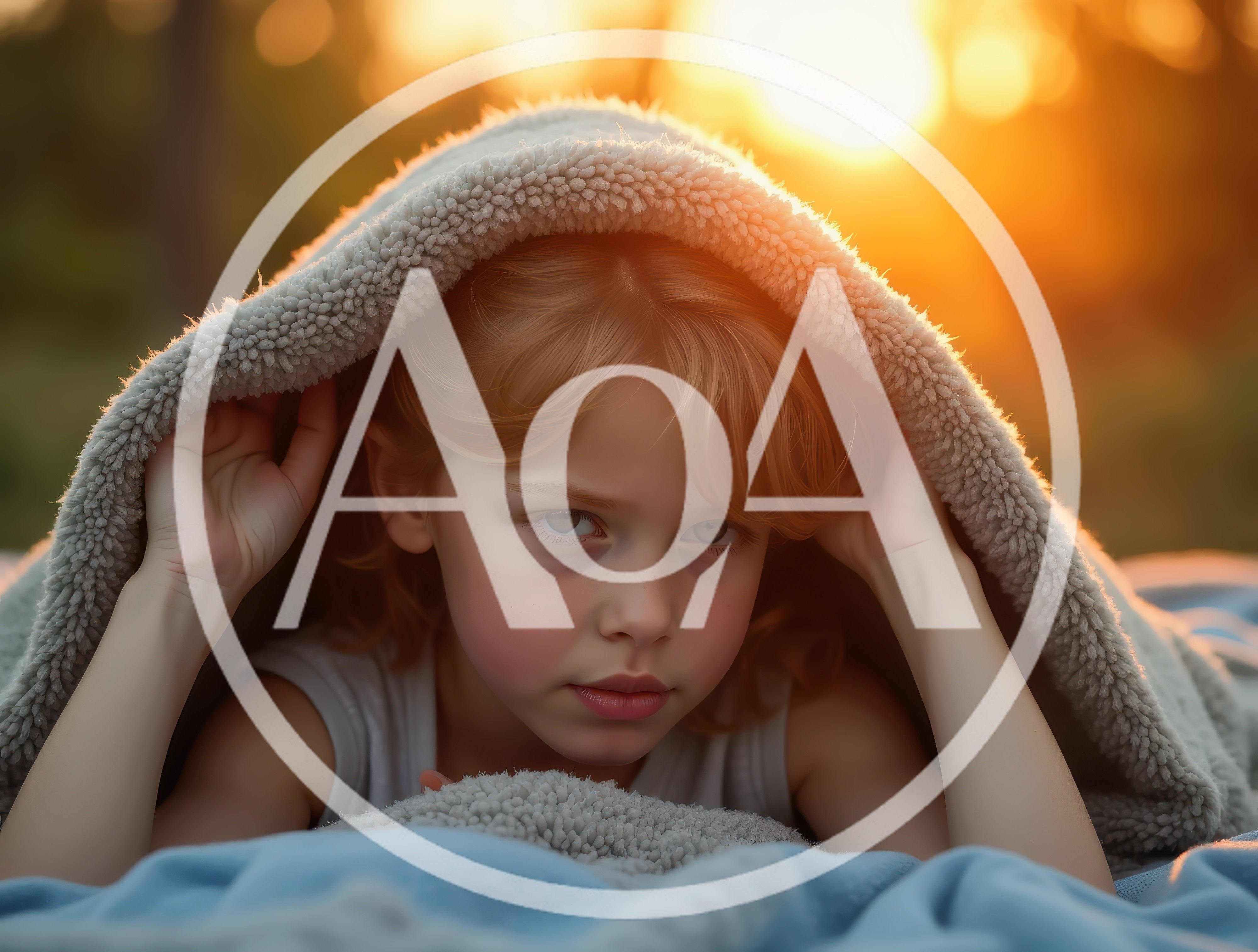 Child hiding under blanket during sunrise, enjoying comfort and