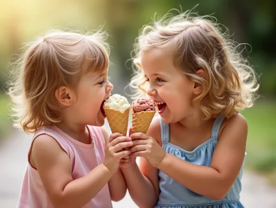 Two Toddlers Sharing Ice Cream Cones Outdoors