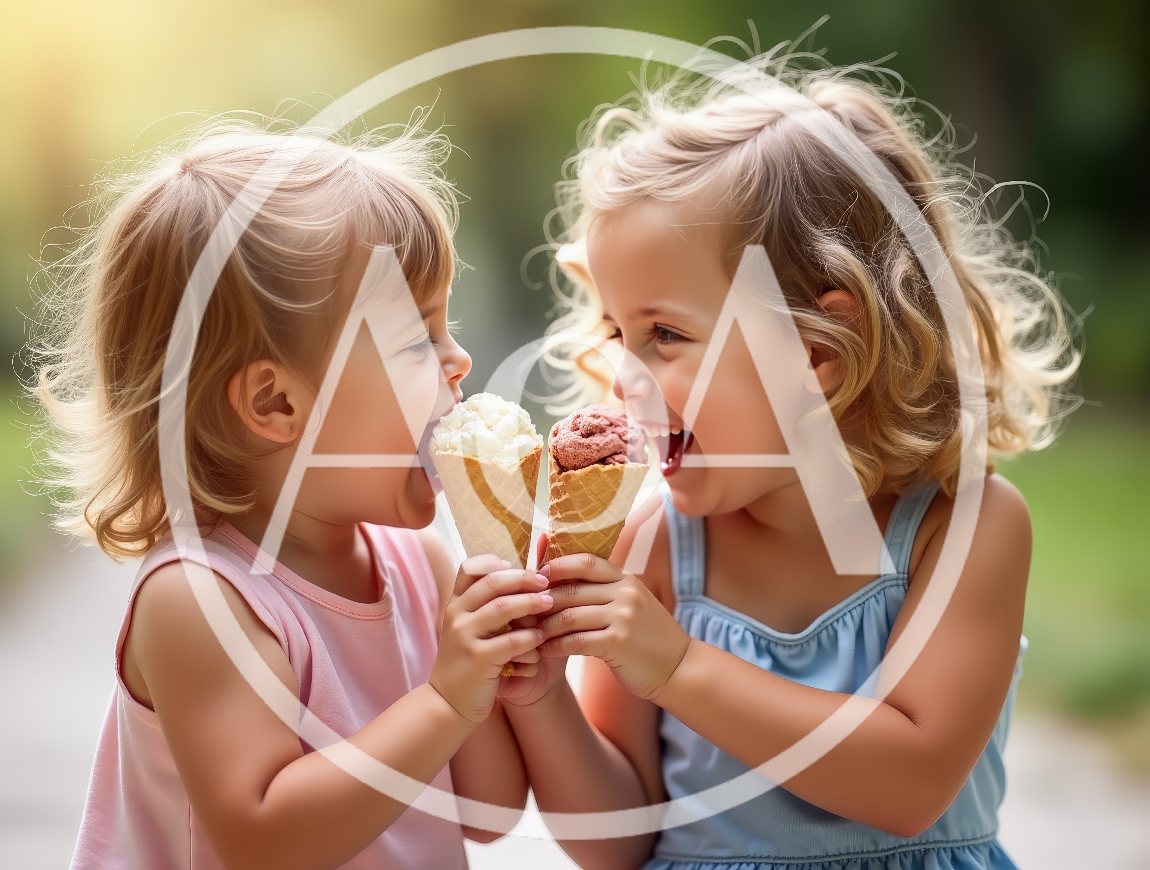 Two Toddlers Sharing Ice Cream Cones Outdoors