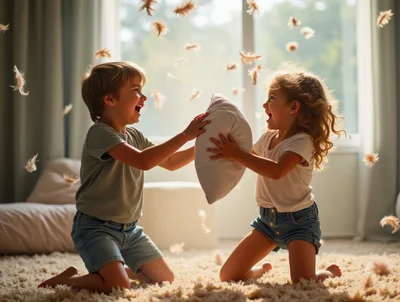 Happy Children Having A Fun Pillow Fight