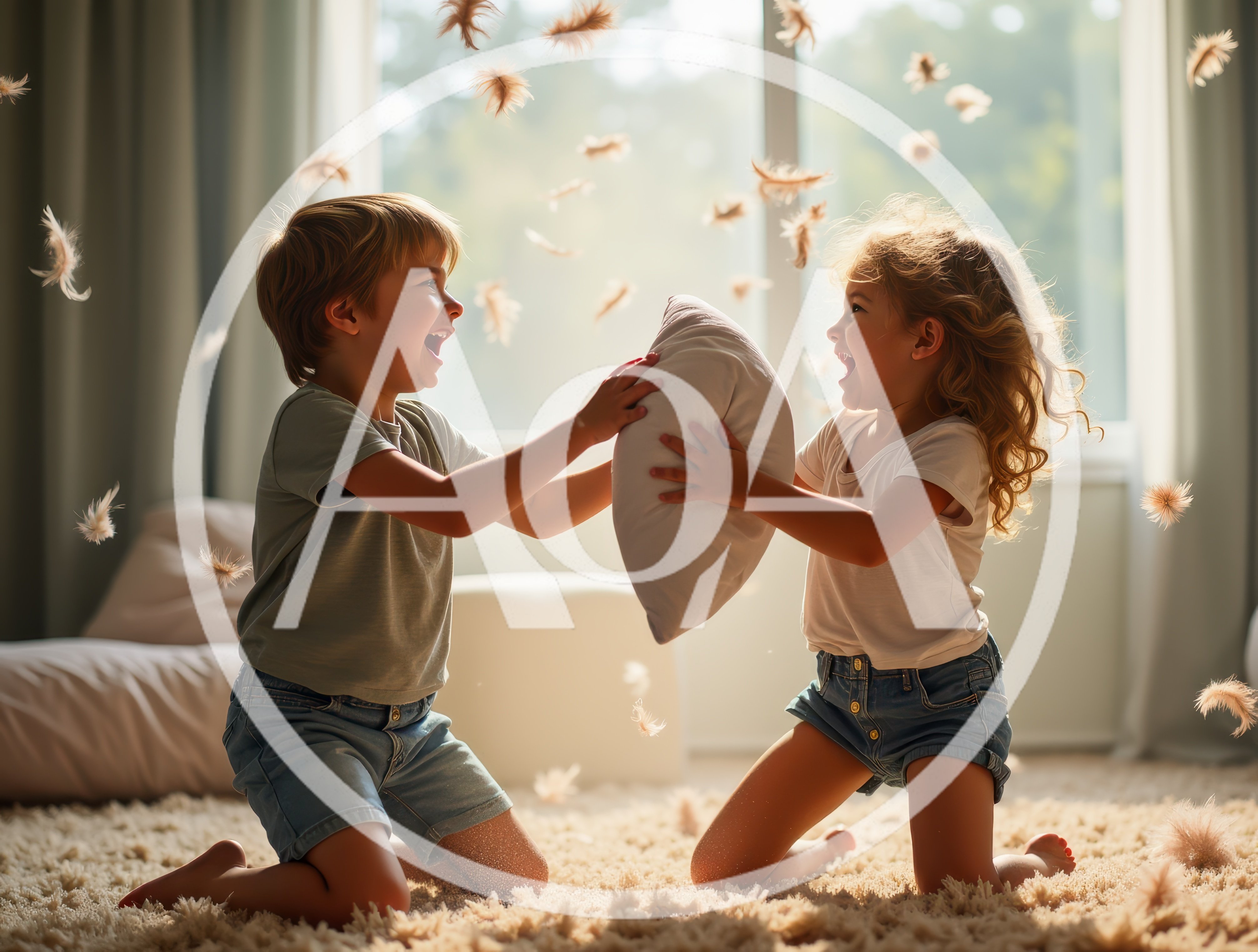 Happy Children Having A Fun Pillow Fight
