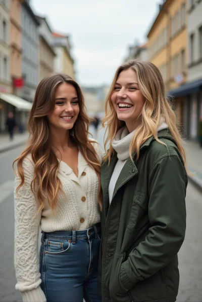 Two Young Women Laughing Together on City Street