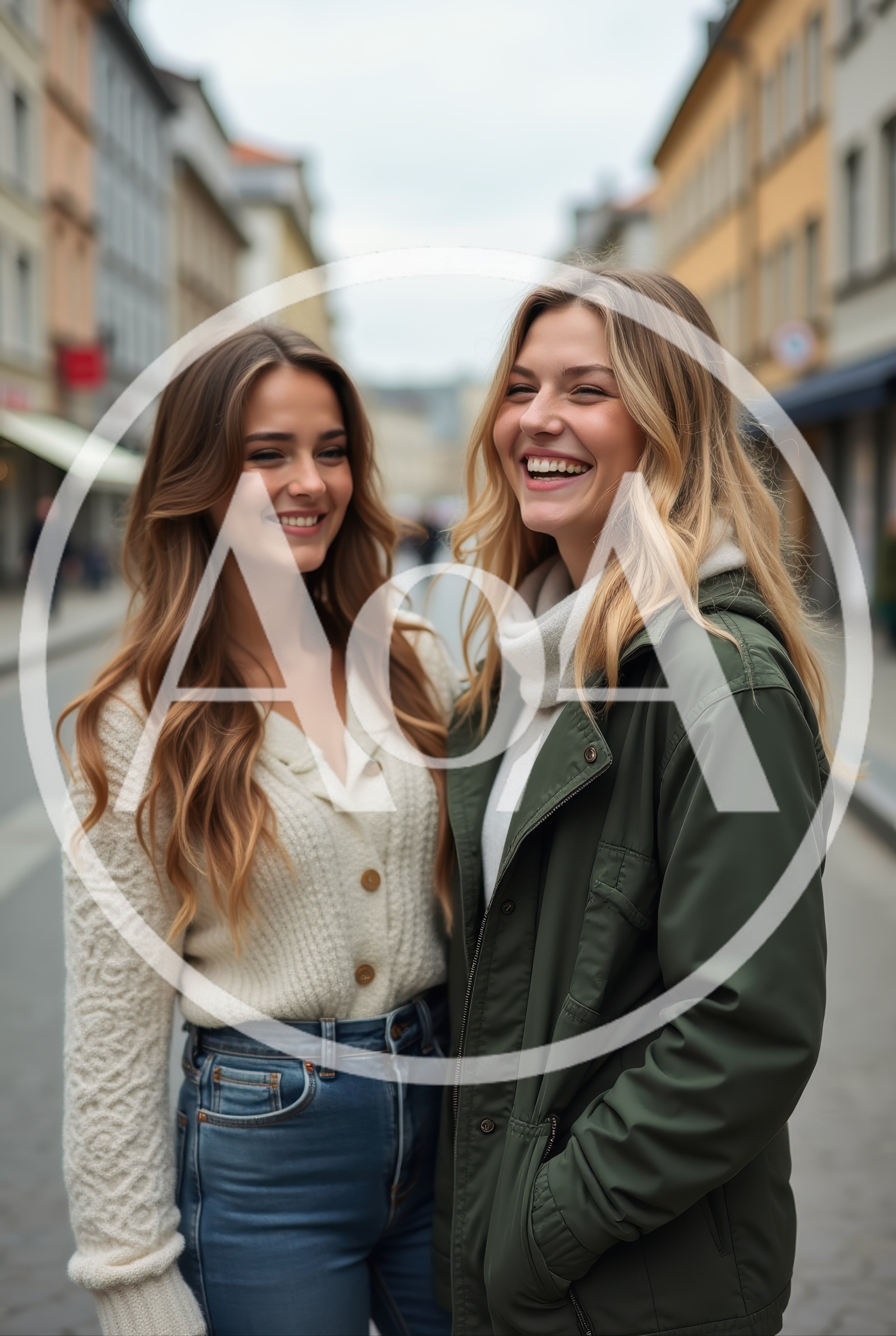Two Young Women Laughing Together on City Street