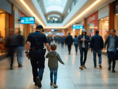 Police Officer Walking With A Lost Child In Mall