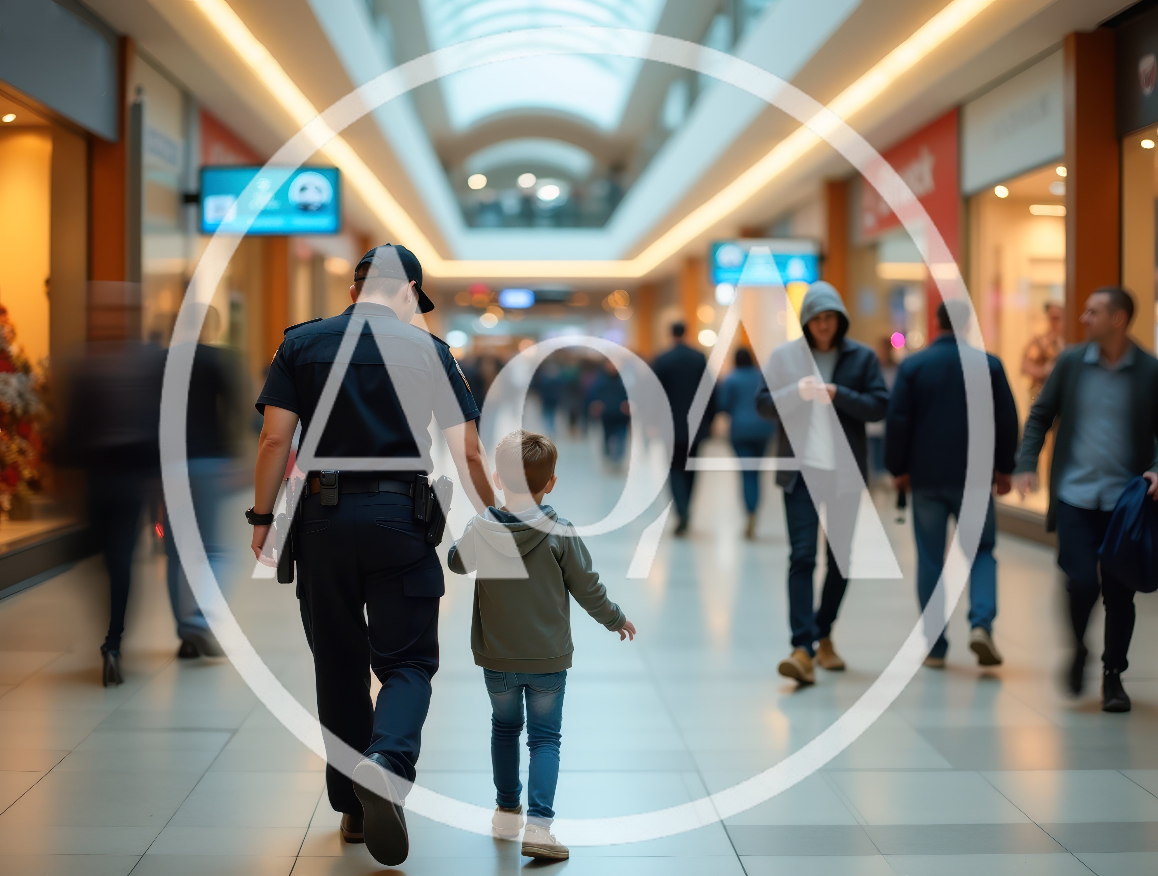 Police Officer Walking With A Lost Child In Mall