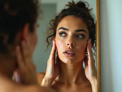 Young Woman Applying Skincare Product In Mirror