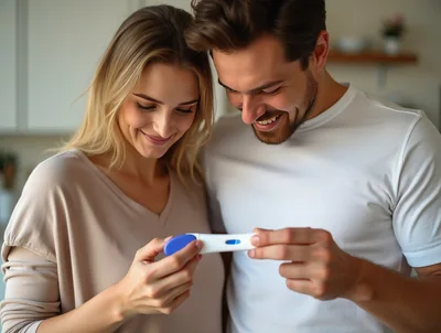 Happy Couple Looking At A Positive Pregnancy Test