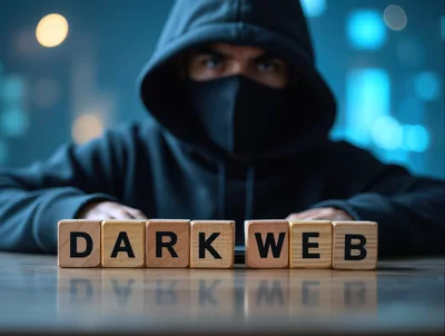 Cybercriminal Wearing Hoodie and Mask Behind Dark Web Blocks