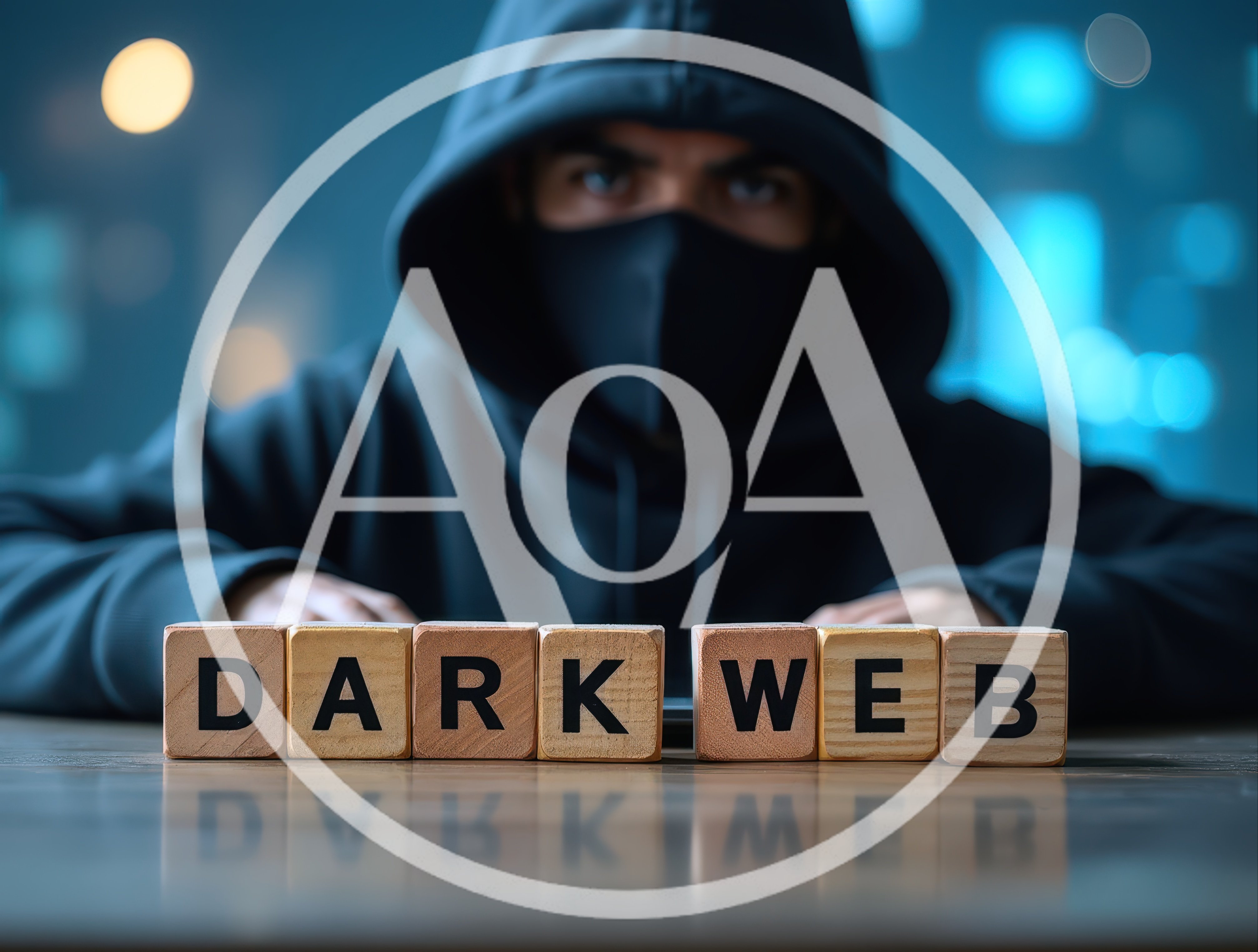 Cybercriminal Wearing Hoodie and Mask Behind Dark Web Blocks