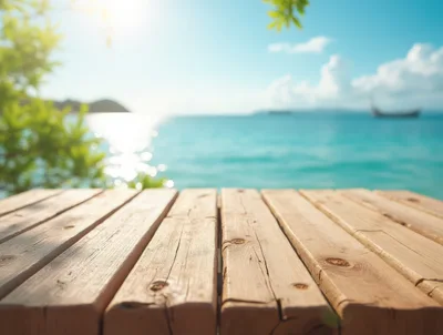 Wooden Table Surface Overlooking Tropical Ocean View
