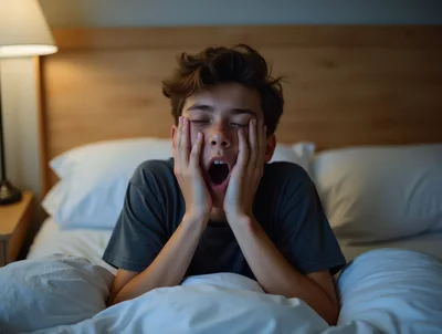 Young Man Yawning While Lying In Bed