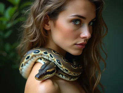 Young Woman With A Python Snake On Her Shoulder