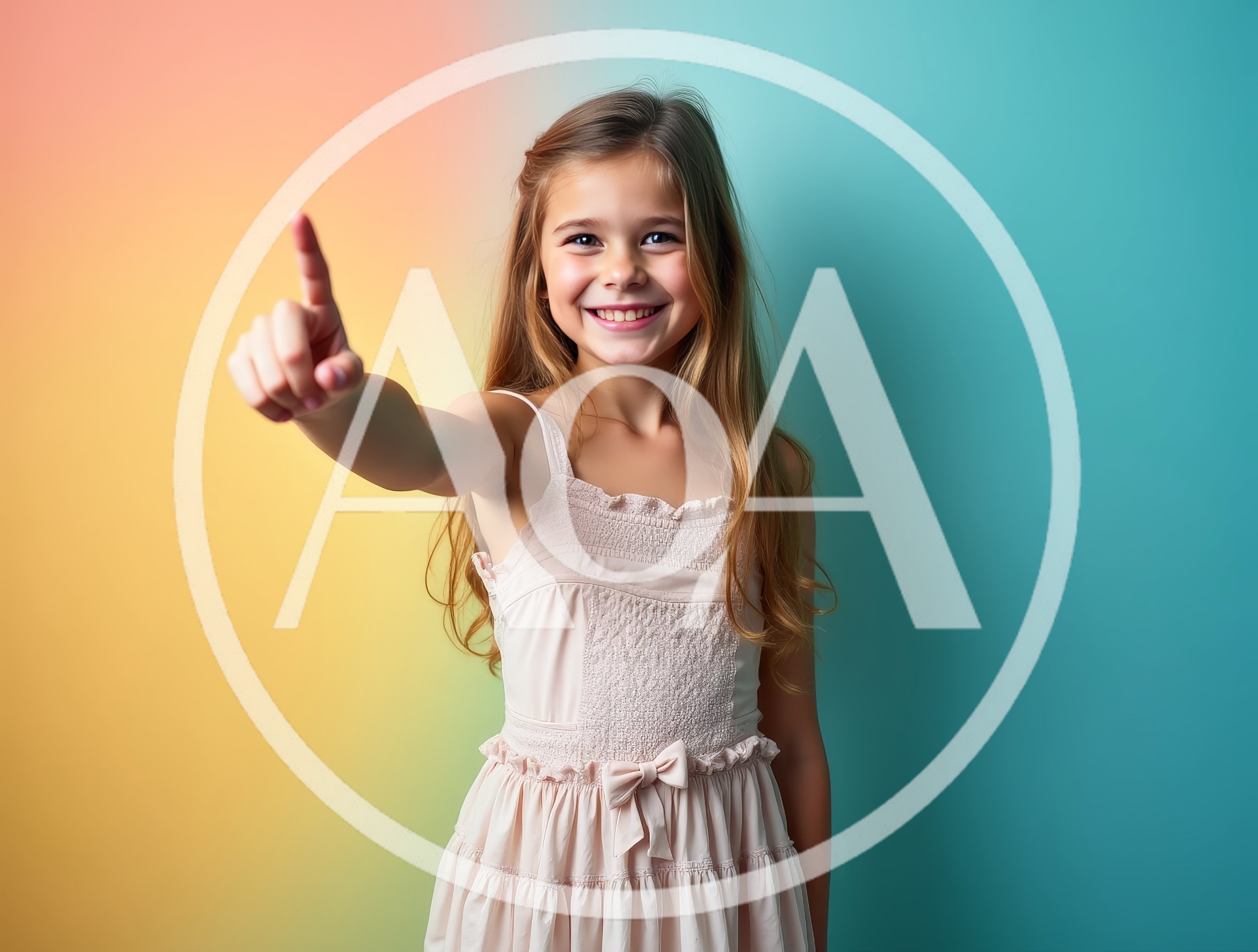 Young Girl Pointing Upwards Against A Colorful Gradient Background
