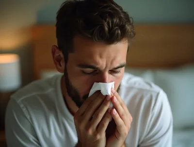 Young Man Blowing Nose Into Tissue In Bedroom