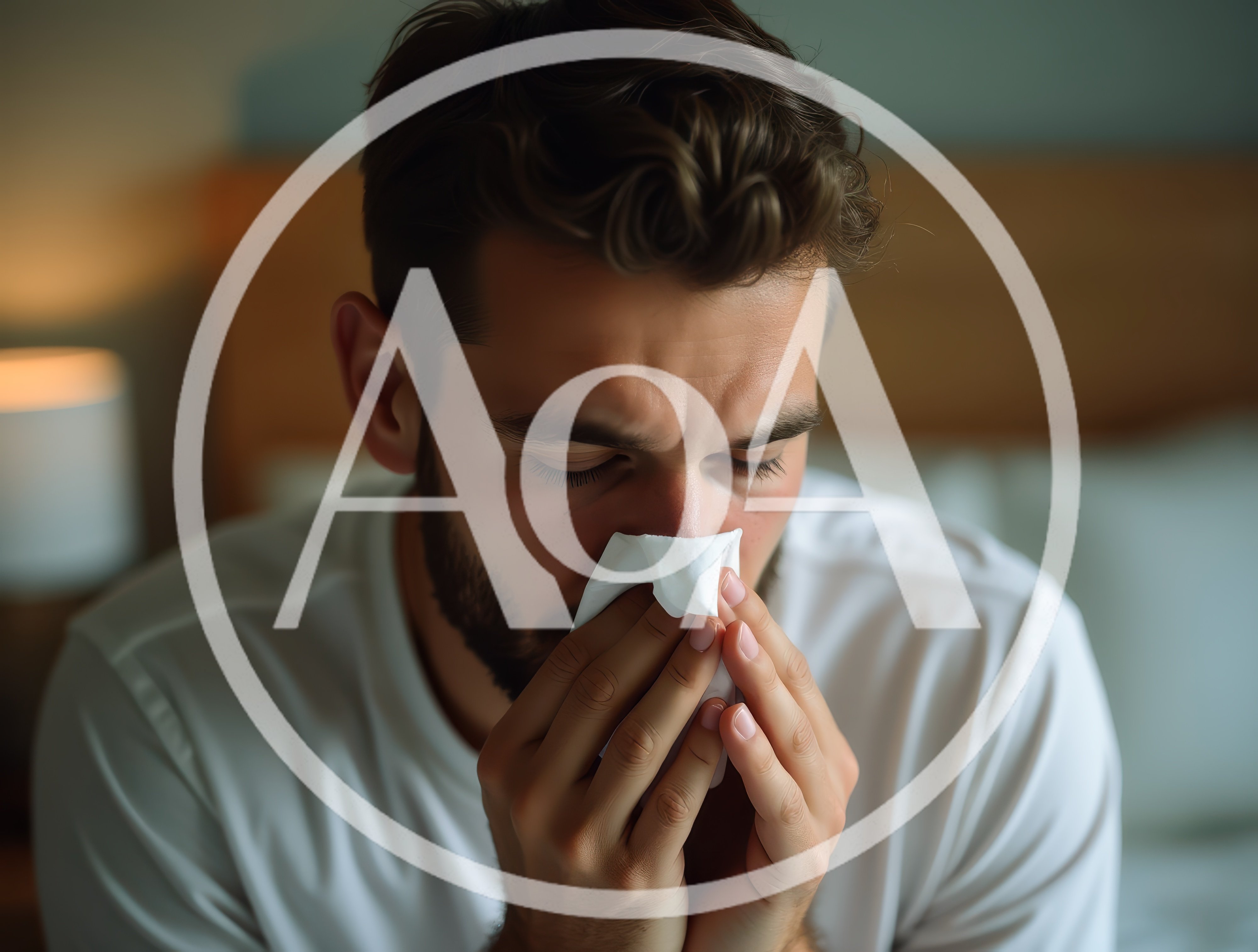 Young Man Blowing Nose Into Tissue In Bedroom