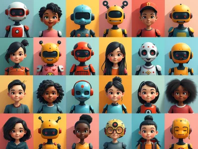 Collection Of Diverse Human And Robot Character Portraits