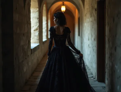 Woman In Black Lace Gown Walking Through Stone Hallway