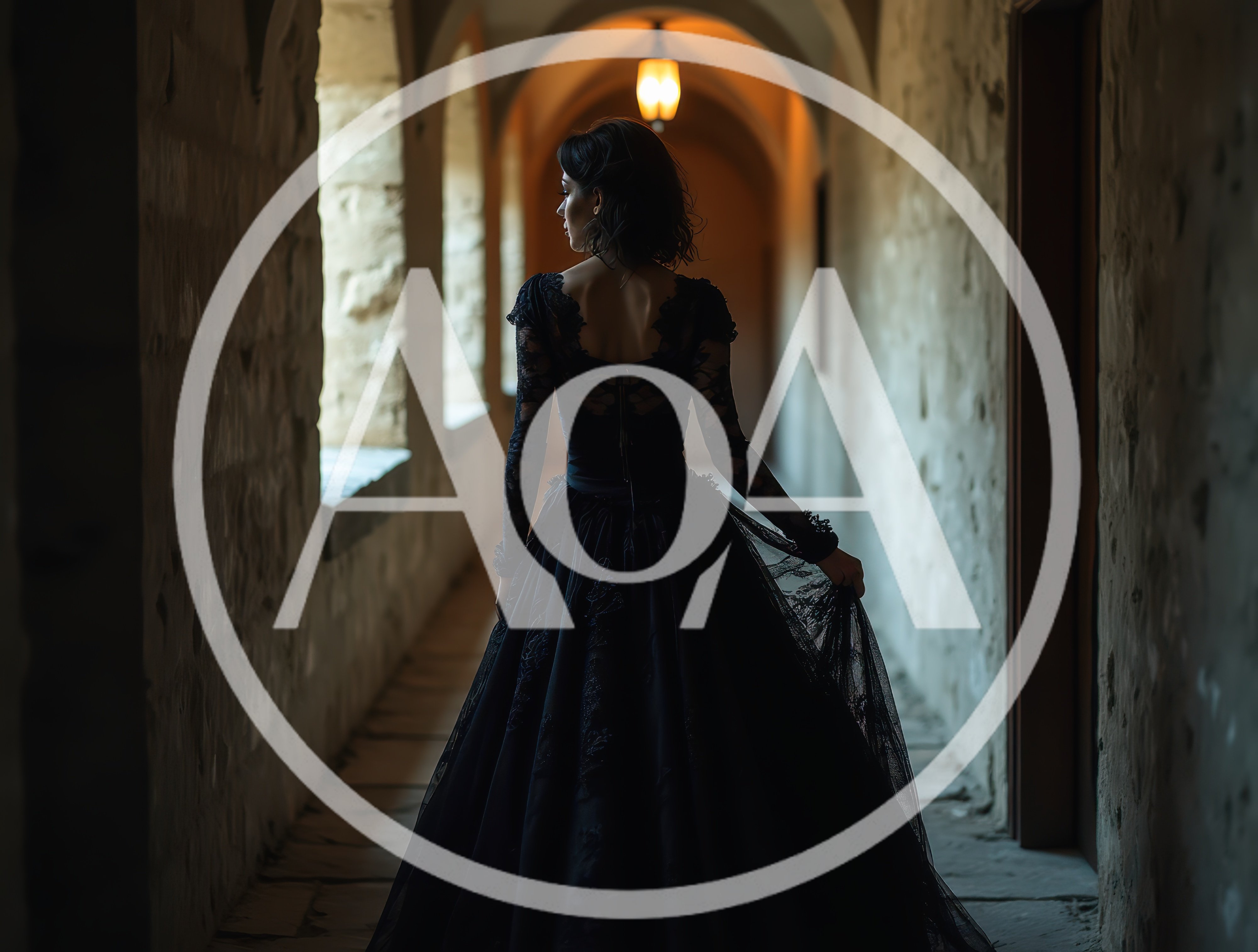 Woman In Black Lace Gown Walking Through Stone Hallway