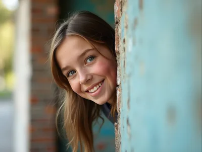 Young Girl Peeking Around A Blue Wall