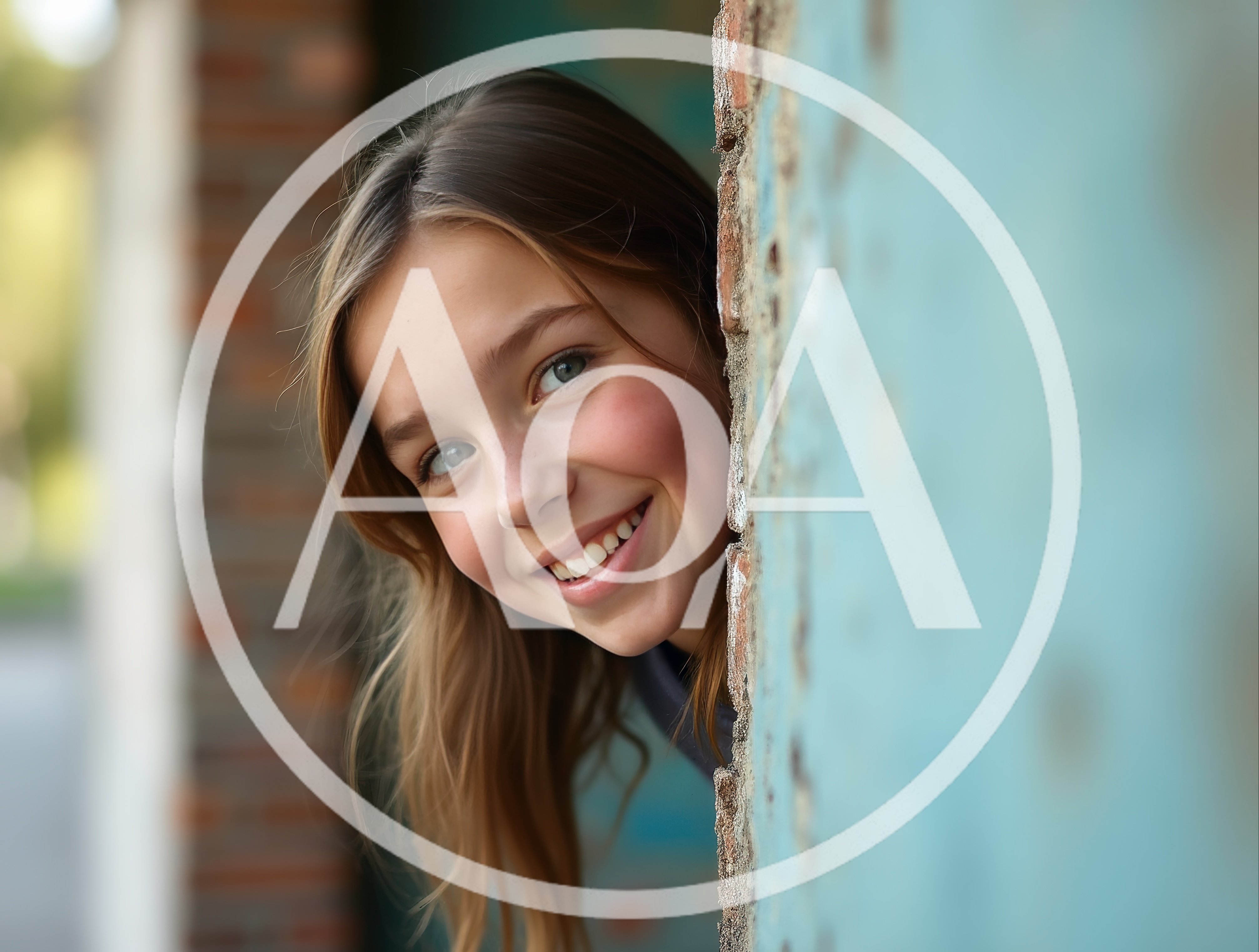Young Girl Peeking Around A Blue Wall