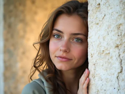 Portrait Of A Young Woman Leaning Against A Stone Wall