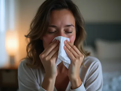 Young Woman Blowing Her Nose With A Tissue
