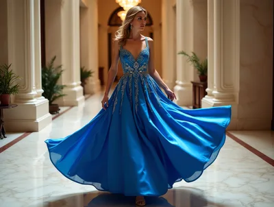 Elegant Woman In Blue Evening Gown Walking