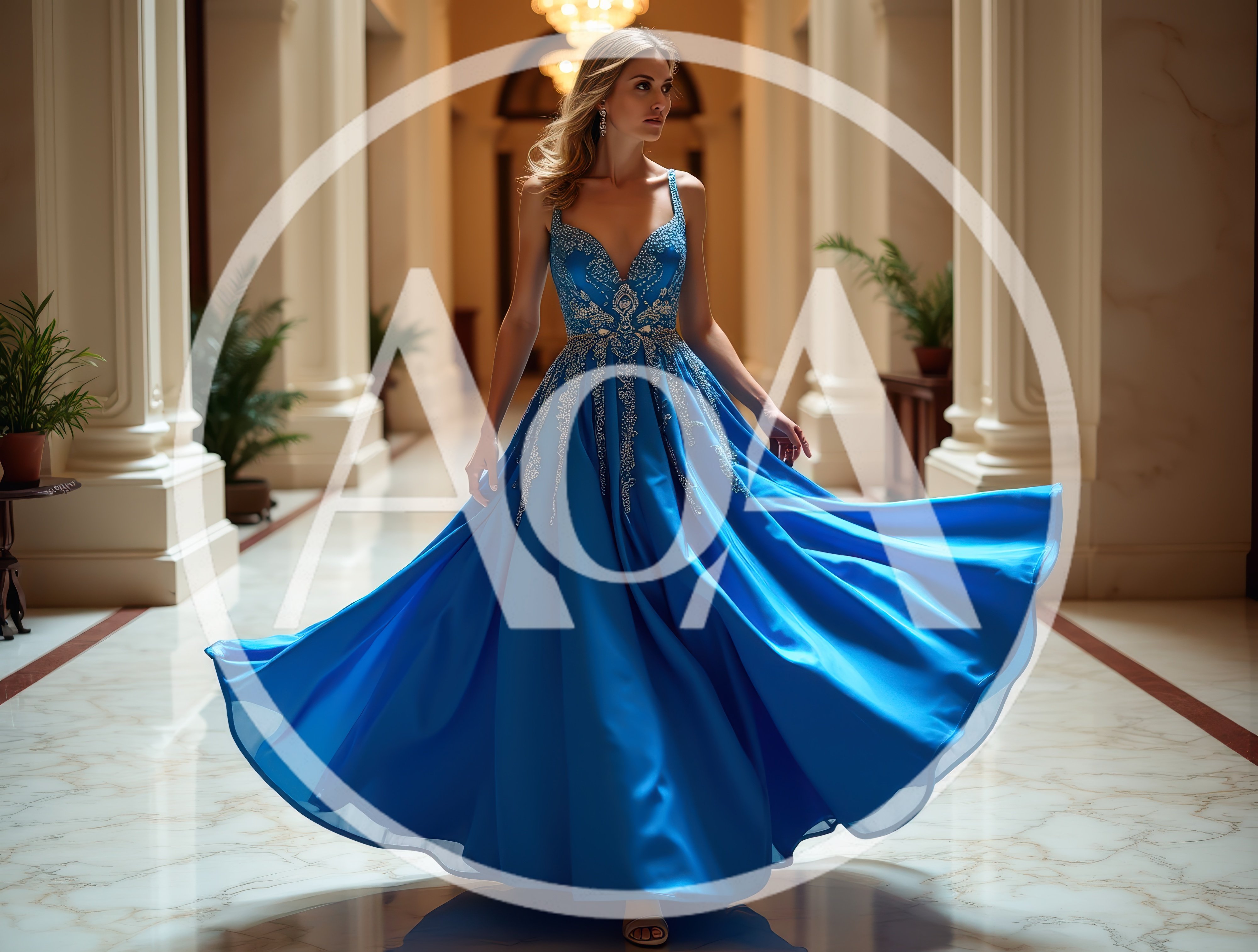 Elegant Woman In Blue Evening Gown Walking