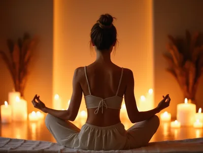 Woman Meditating In A Candlelit Spa Room