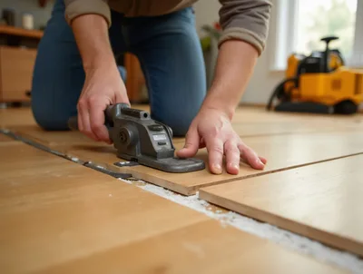 Professional Flooring Contractor Installing Hardwood Floor Planks