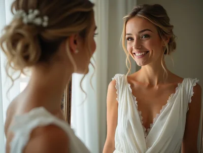 Beautiful Bride Smiling At Her Reflection In A Mirror