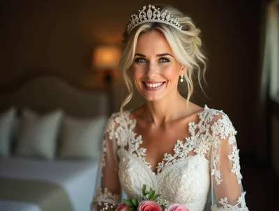Beautiful Blonde Bride Smiling In Wedding Dress