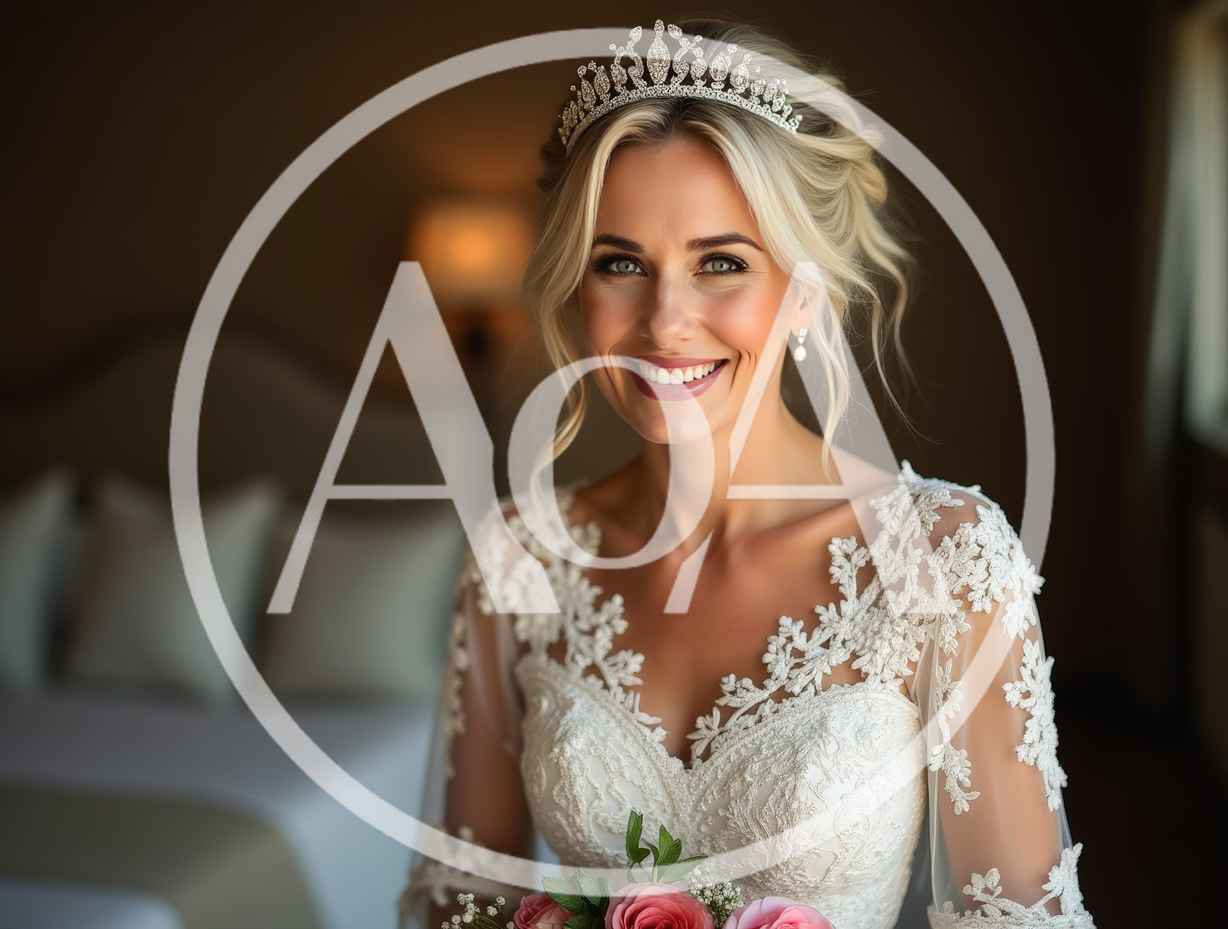 Beautiful Blonde Bride Smiling In Wedding Dress