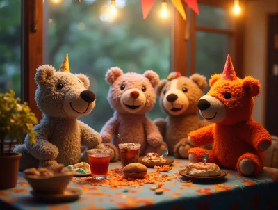 Four Teddy Bears Having A Birthday Party