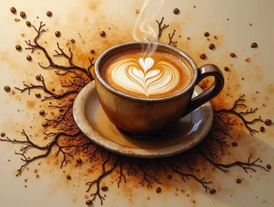 Latte Art Coffee Cup With Artistic Branch Accents