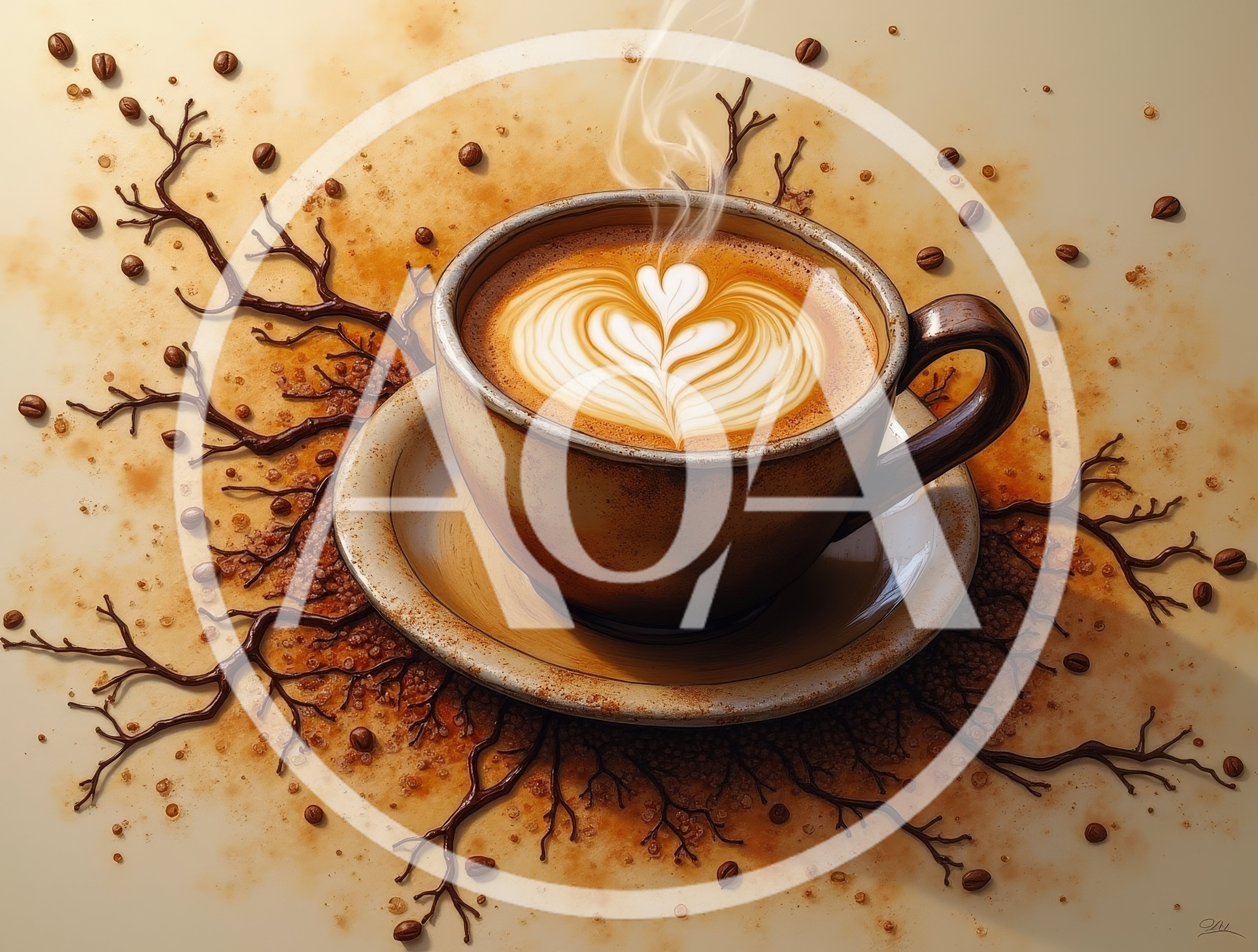 Latte Art Coffee Cup With Artistic Branch Accents