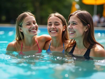 Three Young Women Laughing Together in a Swimming Pool