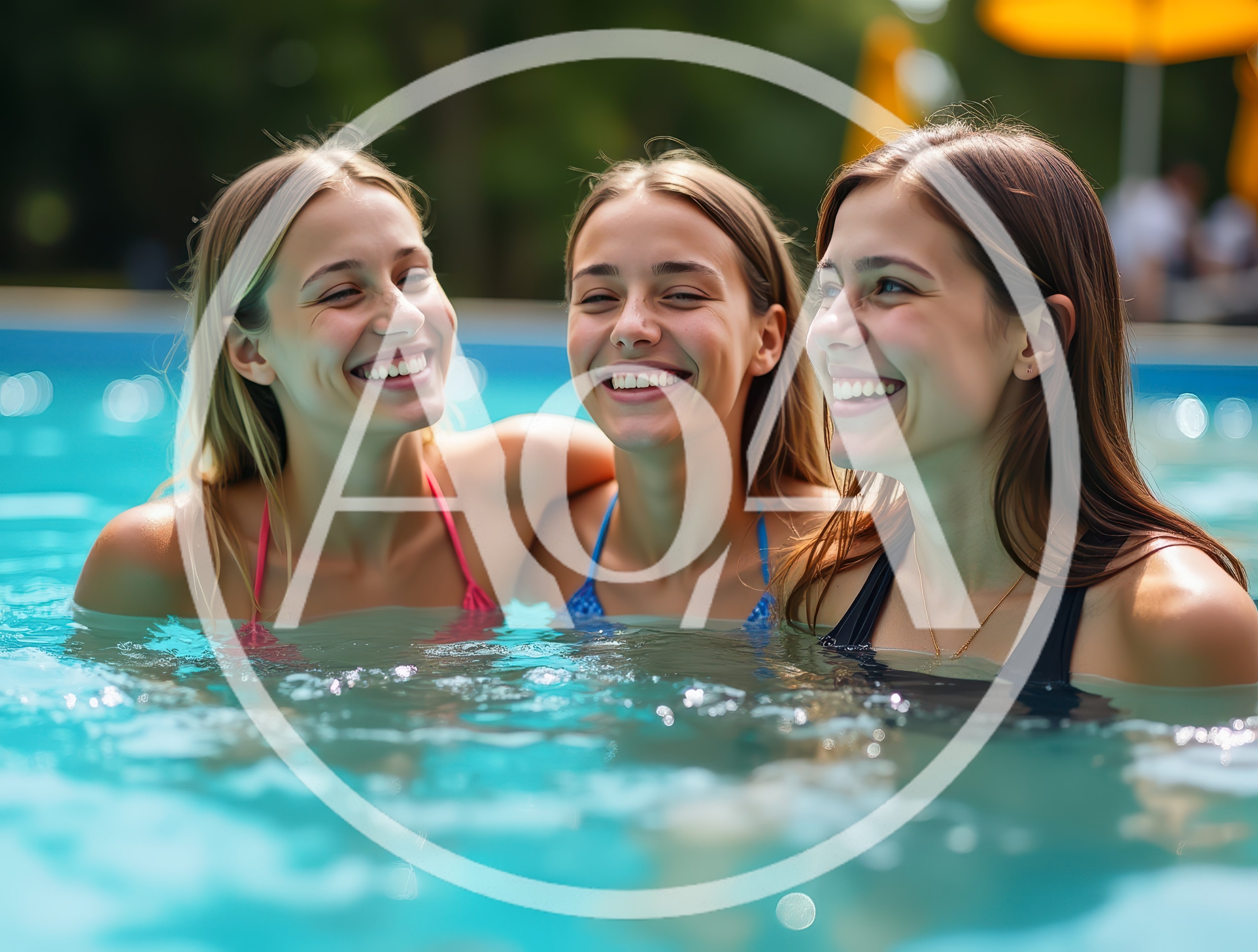 Three Young Women Laughing Together in a Swimming Pool