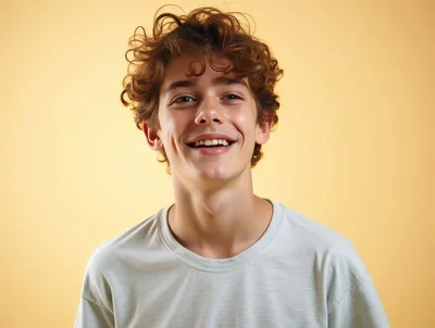 Portrait Of A Smiling Teenage Boy With Curly Hair