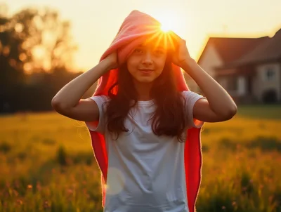 Teenage girl covering her head with pink blanket during sunset i