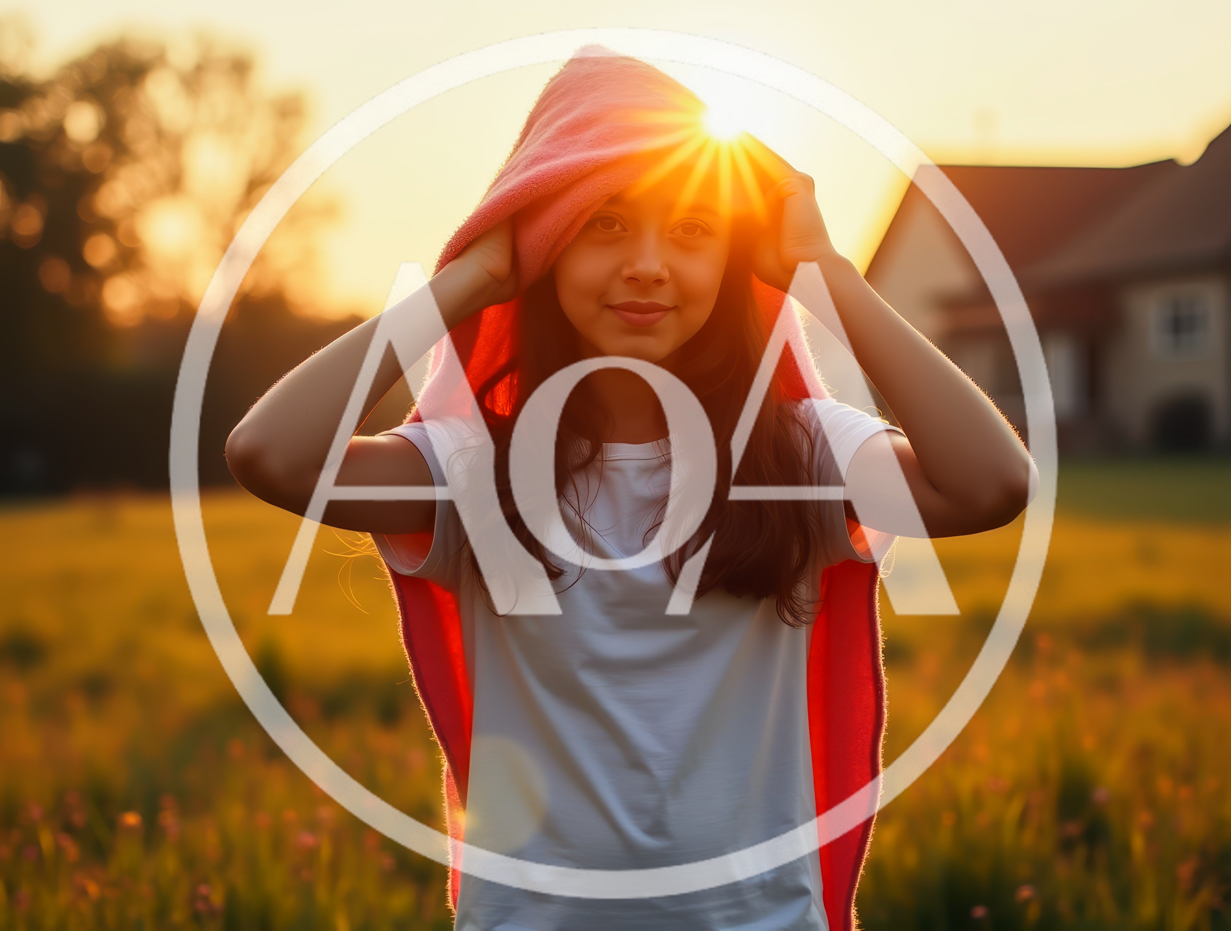 Teenage girl covering her head with pink blanket during sunset i