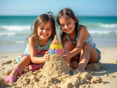 Two Young Girls Building A Colorful Sandcastle On Beach
